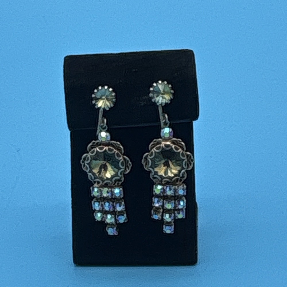 VTG 1950 Gold Tone Aurora Borealis AB Rhinestone Green Rivoli Waterfall Earrings